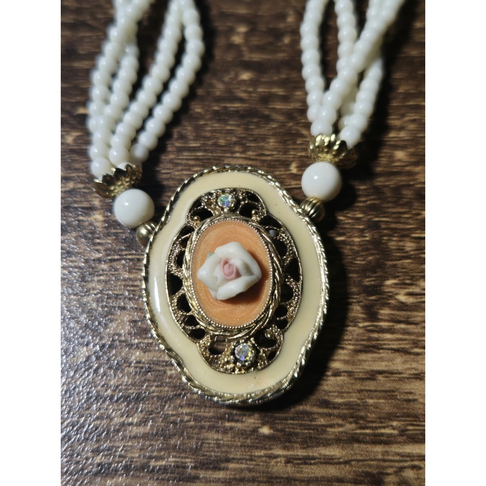 1928 Jewelry Multi-Strand White Bead Cameo Necklace- Vintage Inspired God Tone